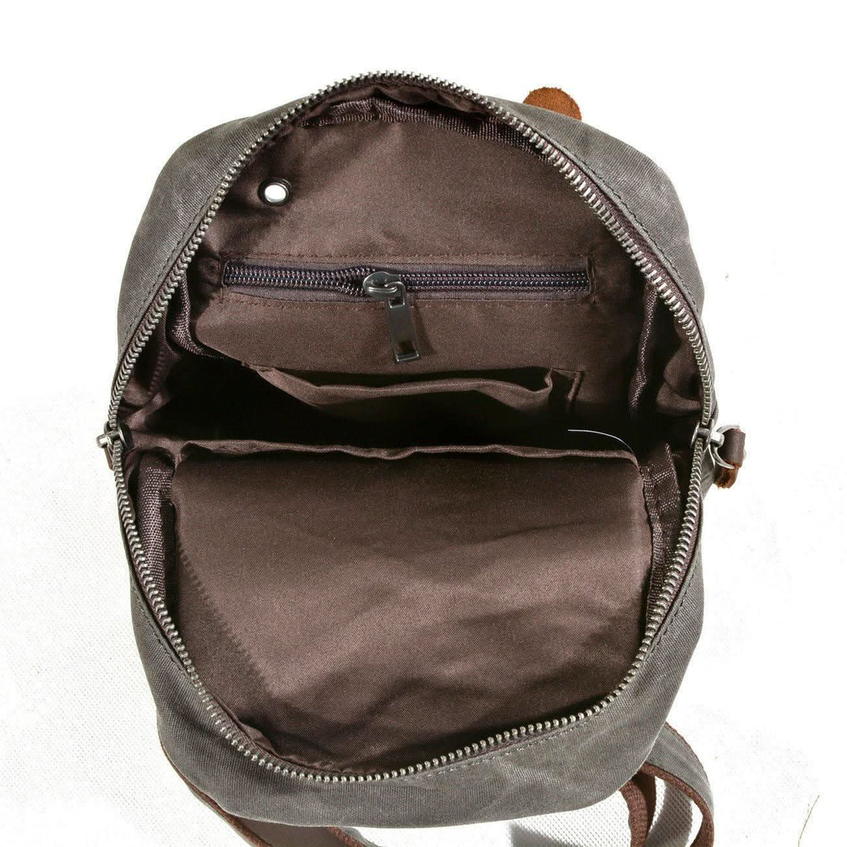 Sling Backpack Canvas Vegan Leather Trim Multiple Compartments