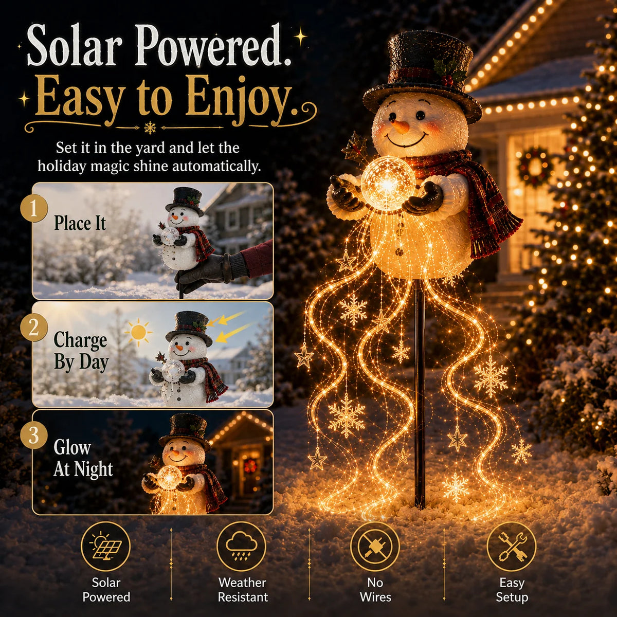 Snowman Garden Light Solar-Powered Cascading Snowflakes