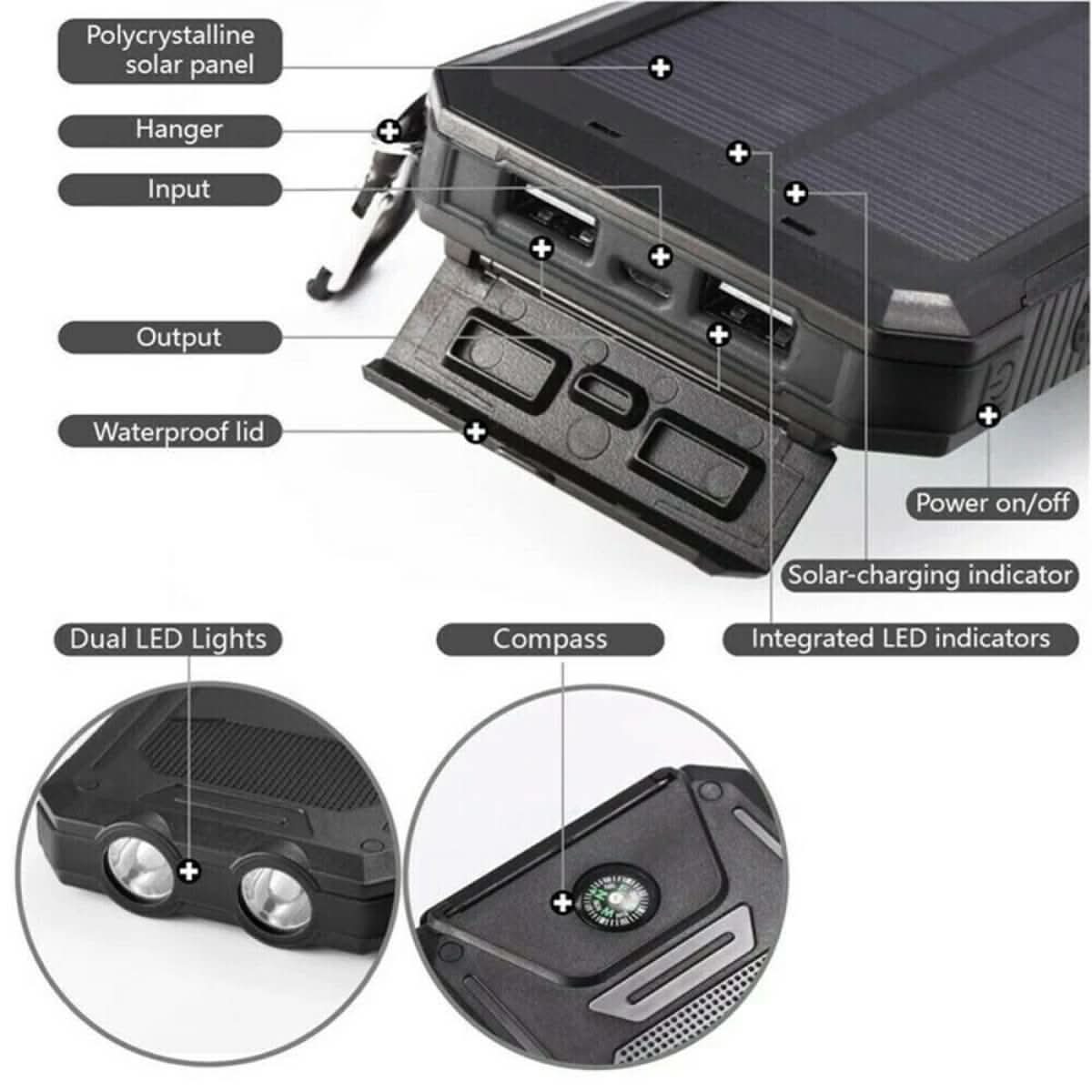 Solar Power Bank 10,000mAh Dual USB LED Flashlight