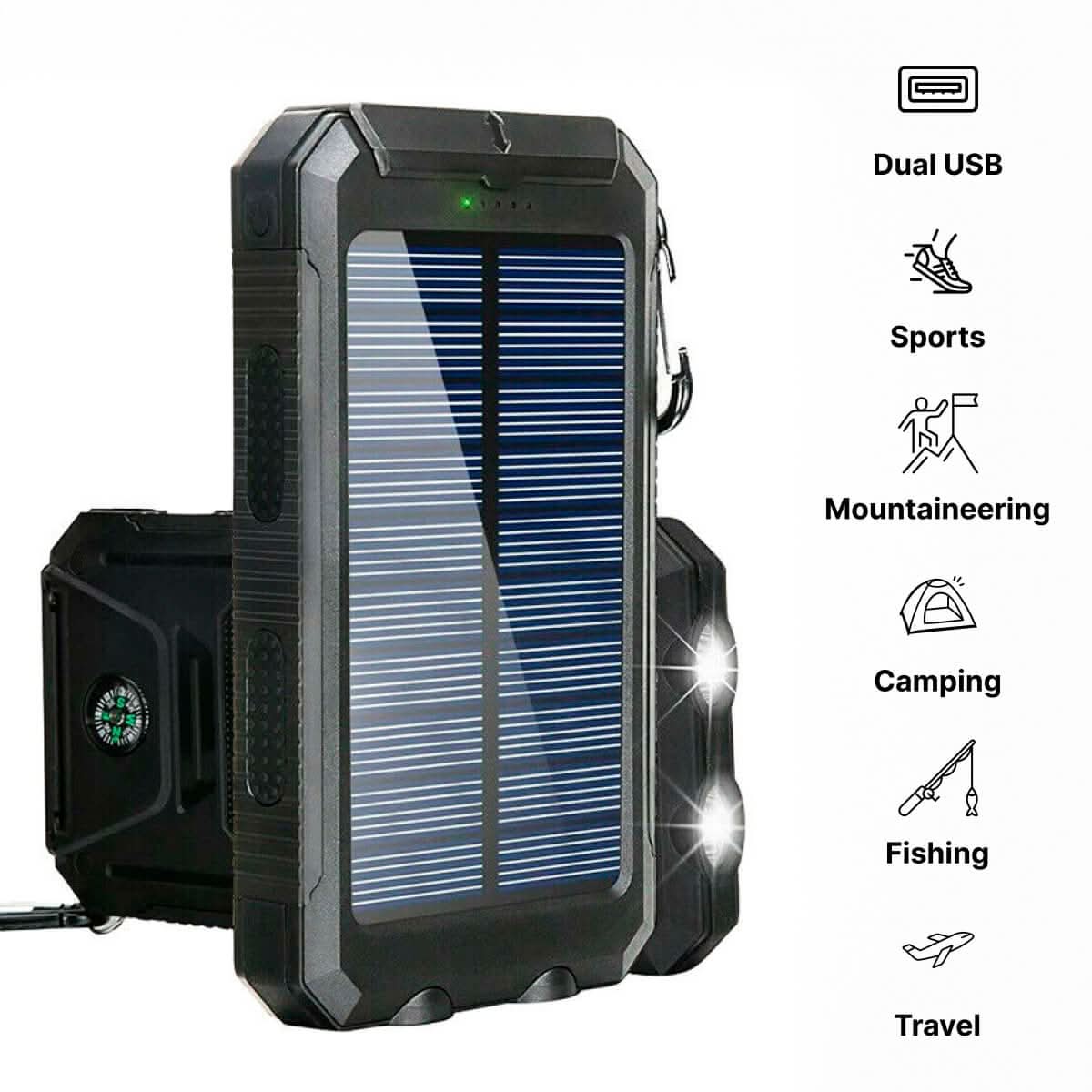 Solar Power Bank 10,000mAh Dual USB LED Flashlight