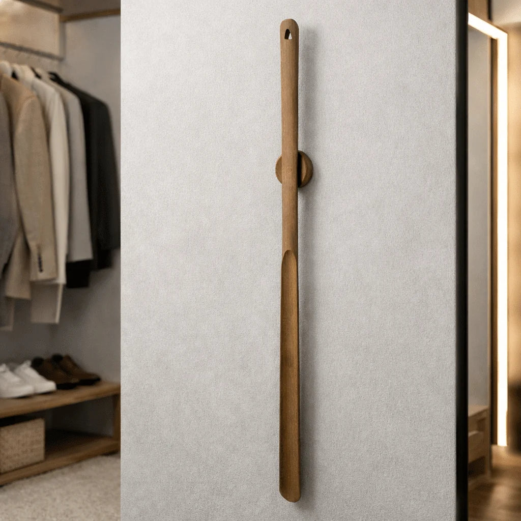 Solid Wood Shoe Horn with Long Handle and Magnetic Wall Mount