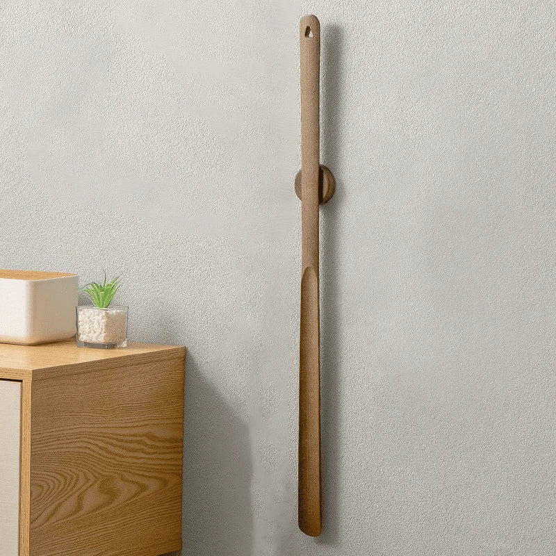 Solid Wood Shoe Horn with Long Handle and Magnetic Wall Mount