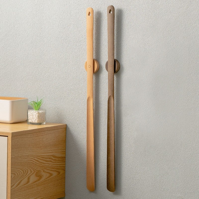 Solid Wood Shoe Horn with Long Handle and Magnetic Wall Mount
