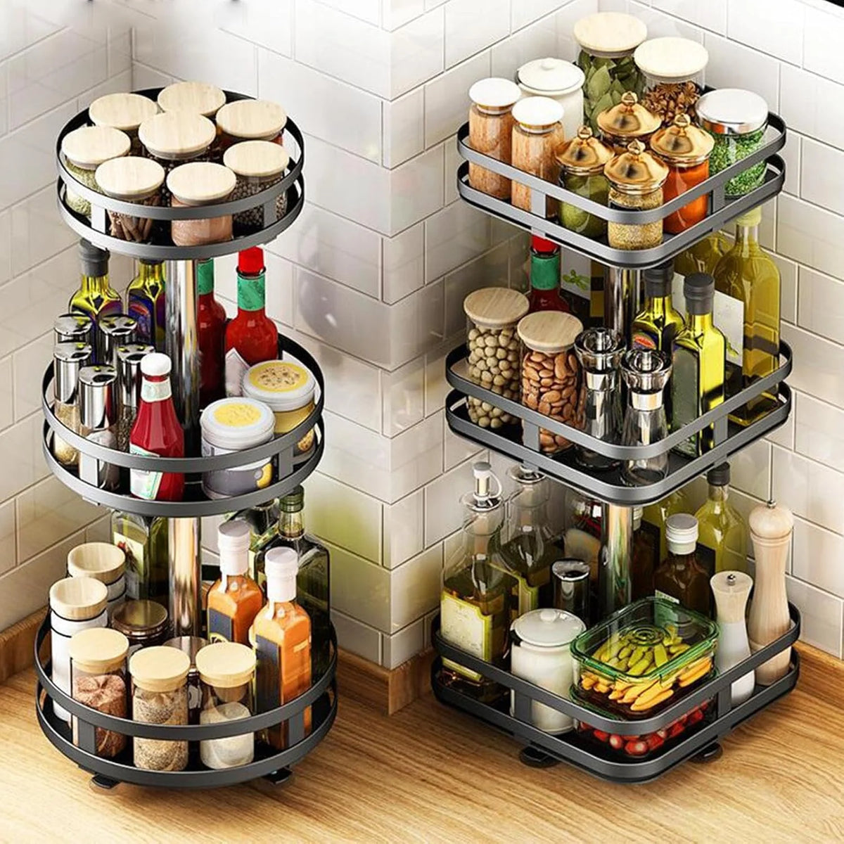 Spice Rack Organizer Stainless Steel 360° Rotating Adjustable Shelves