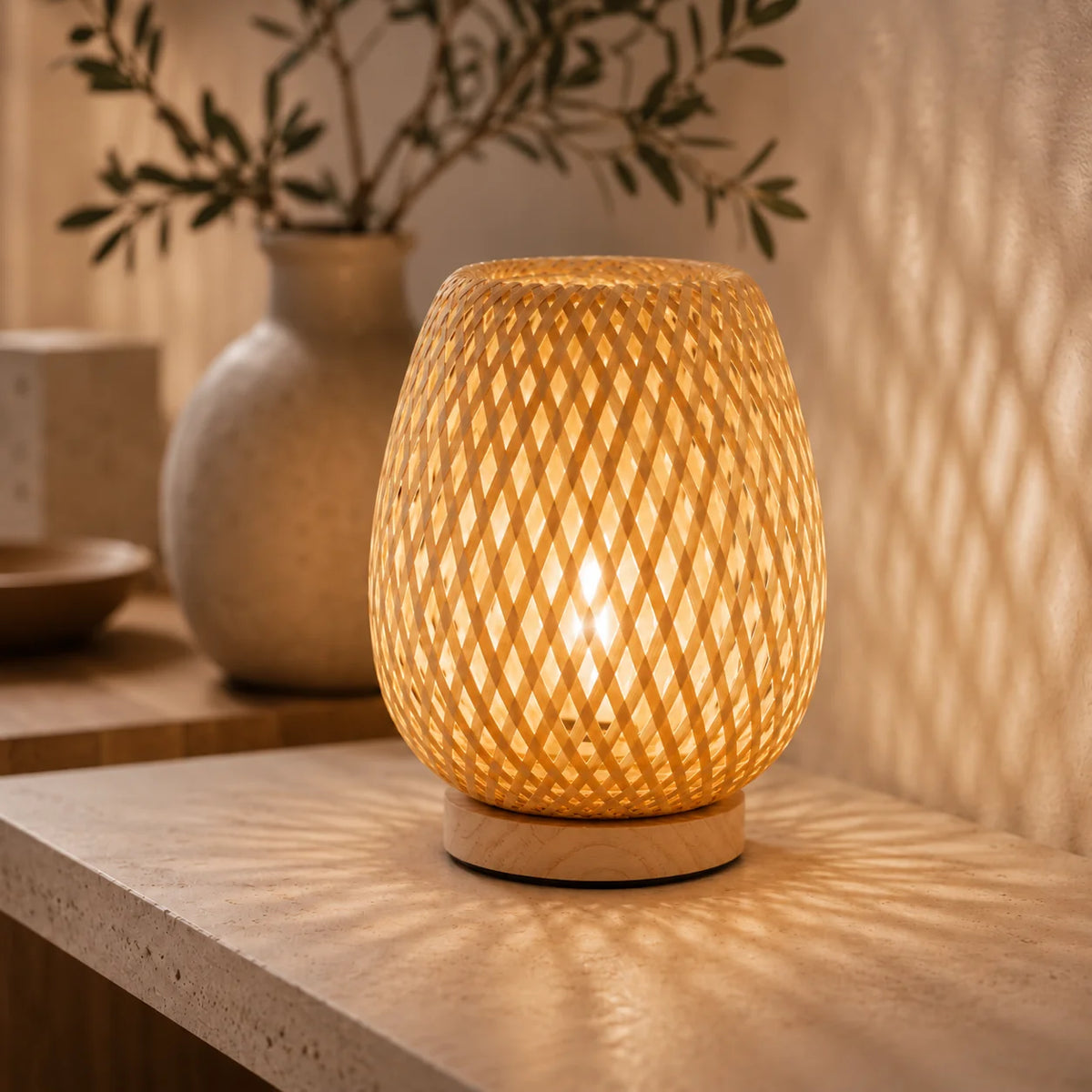Table Lamp Cordless USB Rechargeable Dimmable LED Bamboo Shade
