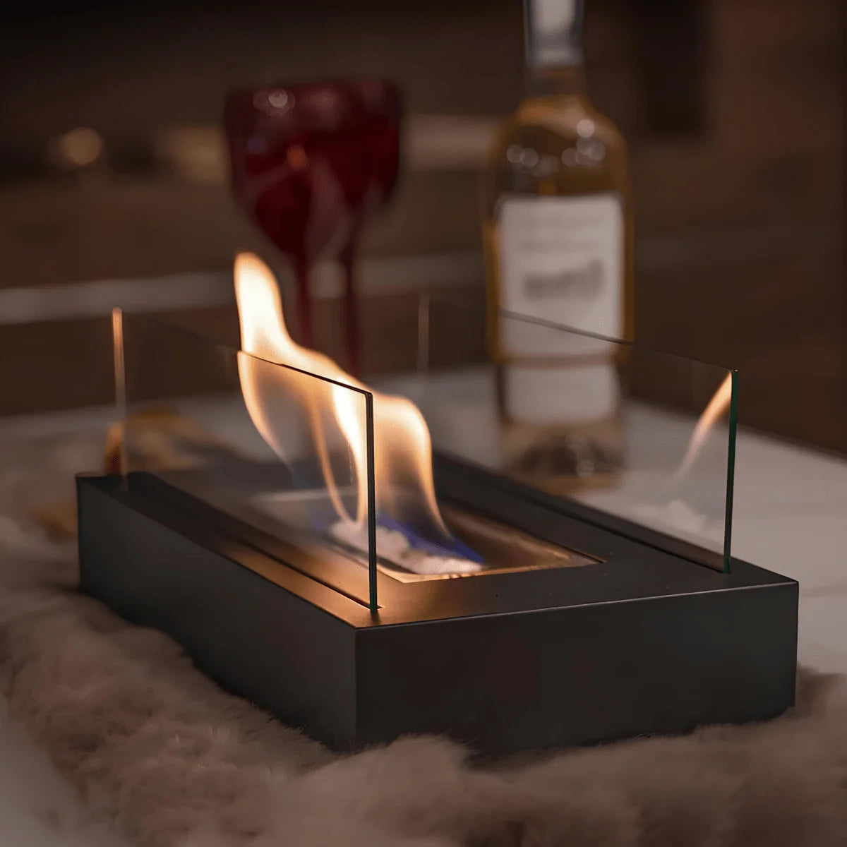 Tabletop Fireplace Bioethanol Portable Tempered Glass & Steel