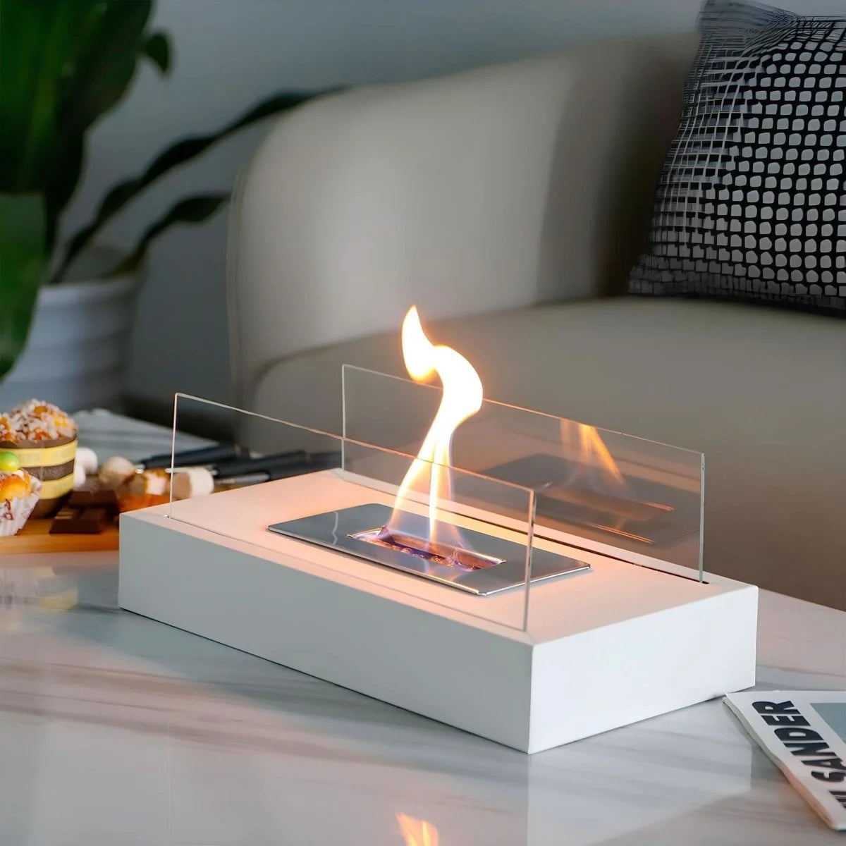 Tabletop Fireplace Bioethanol Portable Tempered Glass & Steel