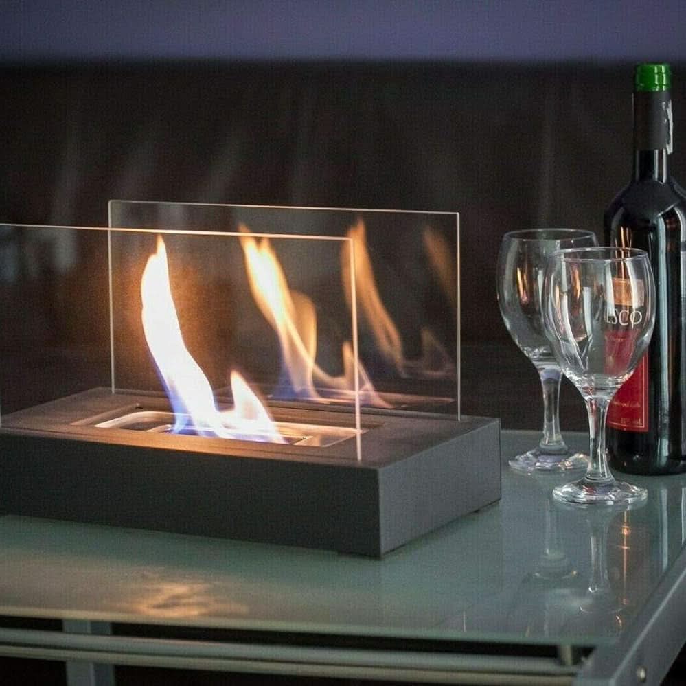 Tabletop Fireplace Bioethanol Portable Tempered Glass & Steel