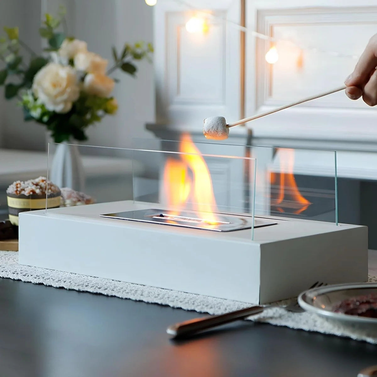 Tabletop Fireplace Bioethanol Portable Tempered Glass & Steel