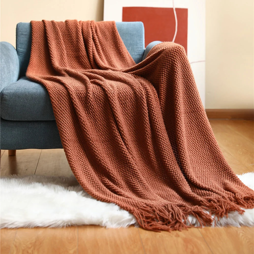 Throw Blanket Chunky Knit Soft Yarn Fringe Trim Machine Washable