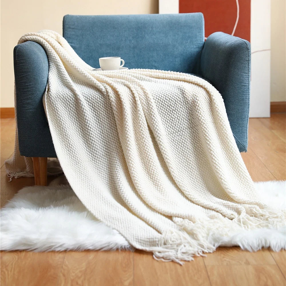 Throw Blanket Chunky Knit Soft Yarn Fringe Trim Machine Washable