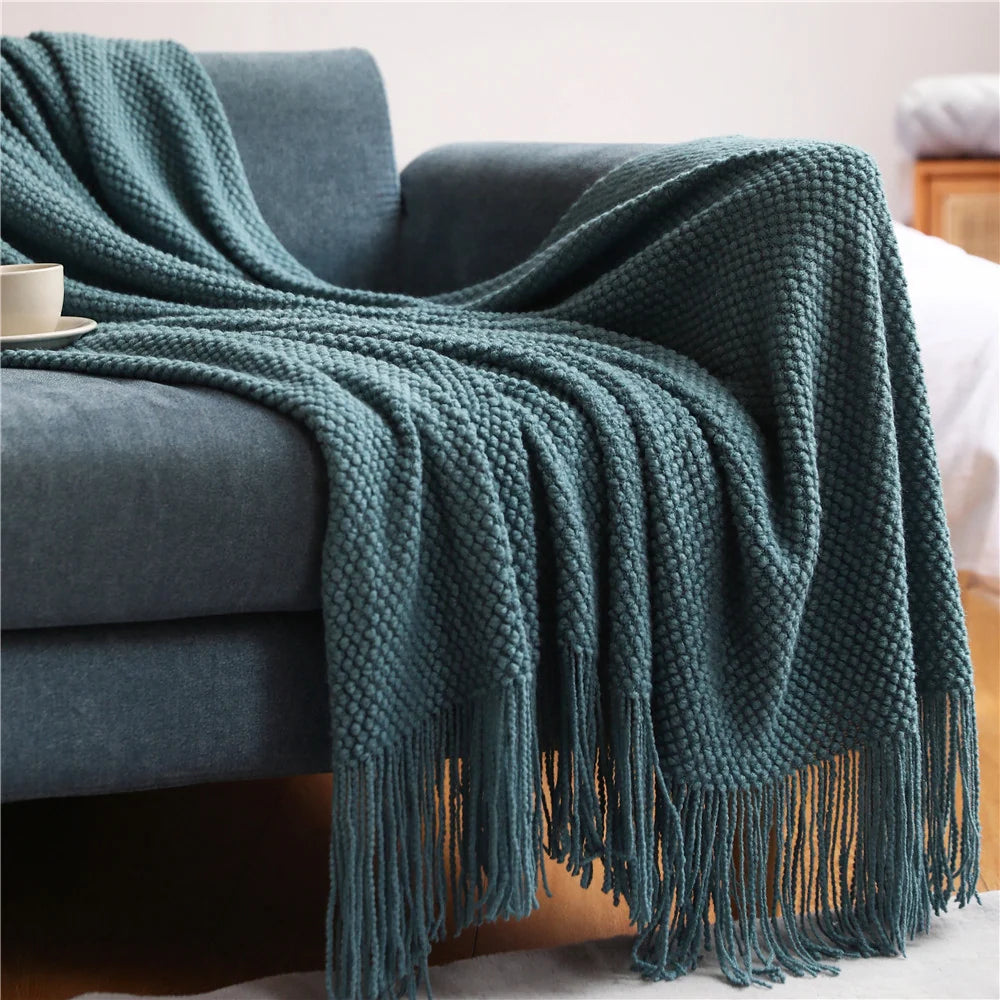 Throw Blanket Chunky Knit Soft Yarn Fringe Trim Machine Washable