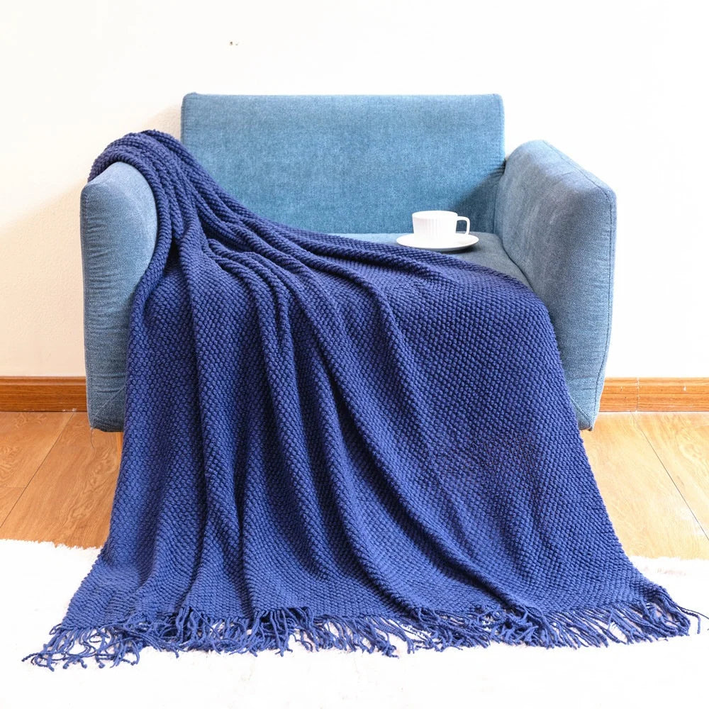 Throw Blanket Chunky Knit Soft Yarn Fringe Trim Machine Washable