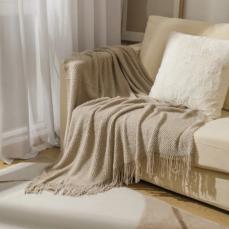 Throw Blanket Chunky Knit Soft Yarn Fringe Trim Machine Washable