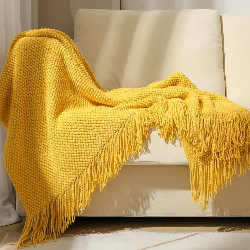 Throw Blanket Chunky Knit Soft Yarn Fringe Trim Machine Washable
