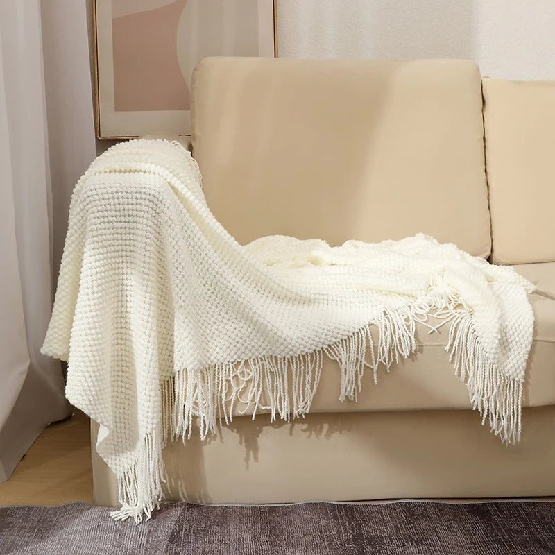 Throw Blanket Chunky Knit Soft Yarn Fringe Trim Machine Washable