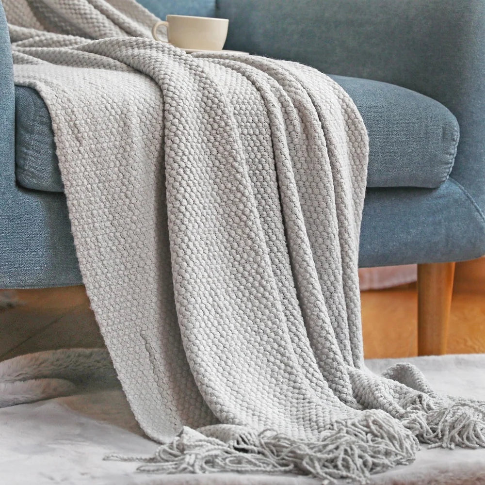 Throw Blanket Chunky Knit Soft Yarn Fringe Trim Machine Washable