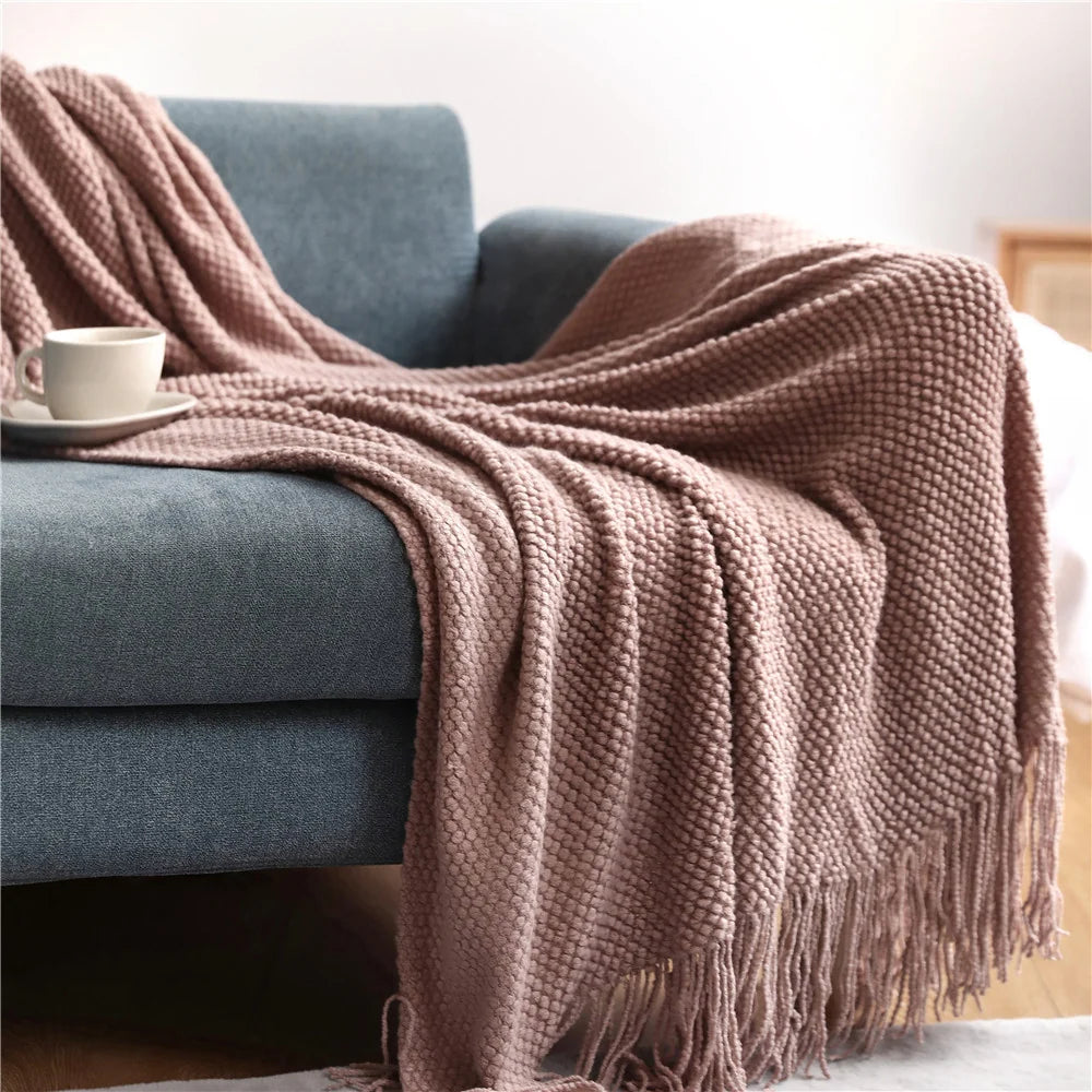 Throw Blanket Chunky Knit Soft Yarn Fringe Trim Machine Washable