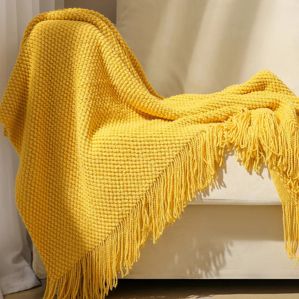 Throw Blanket Chunky Knit Soft Yarn Fringe Trim Machine Washable