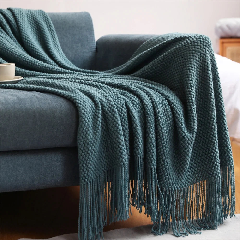 Throw Blanket Chunky Knit Soft Yarn Fringe Trim Machine Washable