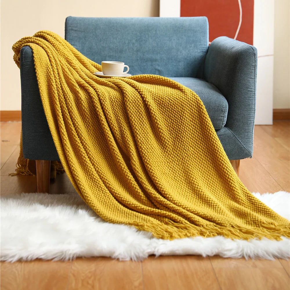 Throw Blanket Chunky Knit Soft Yarn Fringe Trim Machine Washable
