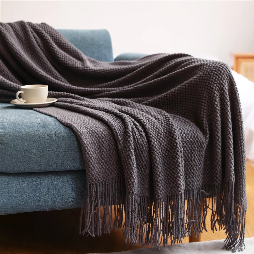 Throw Blanket Chunky Knit Soft Yarn Fringe Trim Machine Washable
