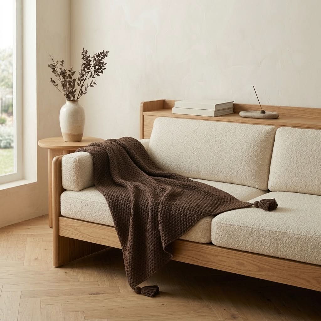 Throw Blanket Chunky Knit Tassel Trim Scandinavian Style