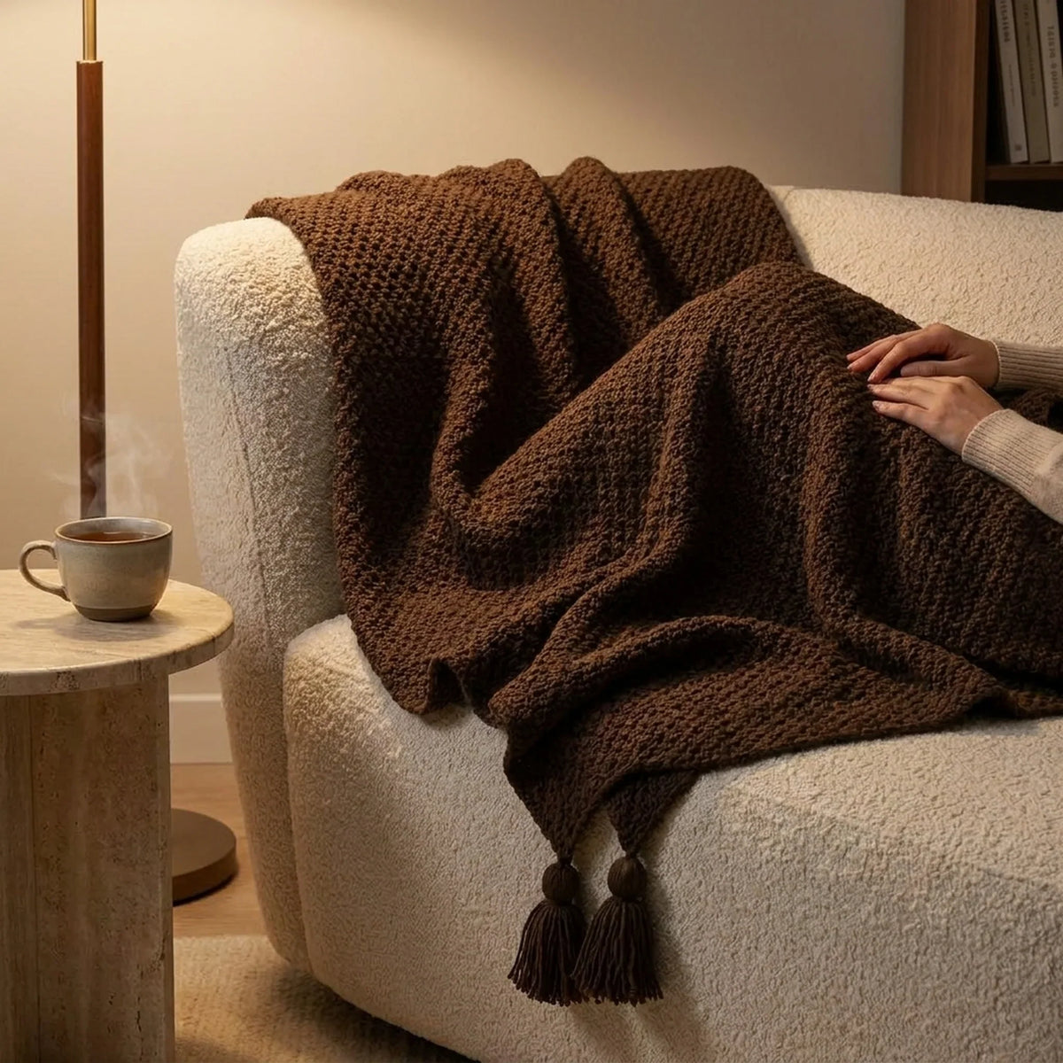 Throw Blanket Chunky Knit Tassel Trim Scandinavian Style
