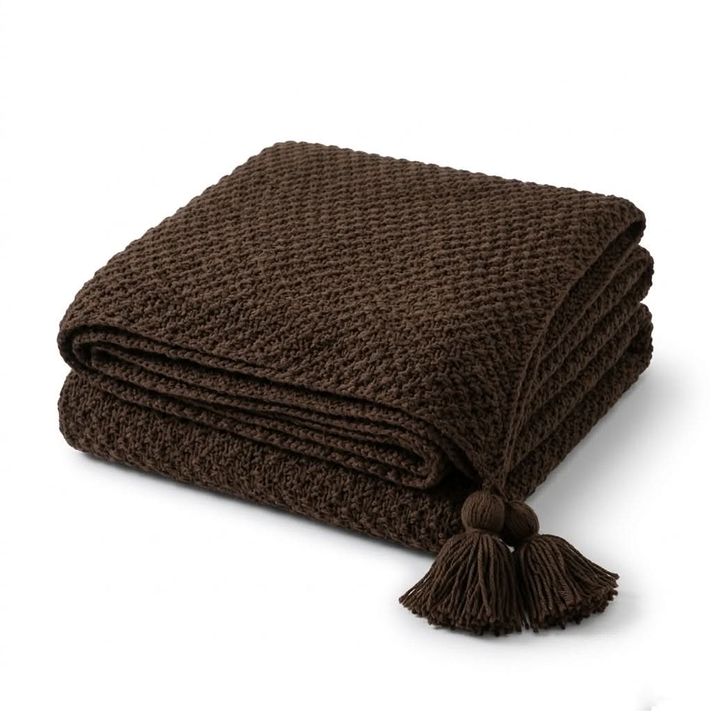 Throw Blanket Chunky Knit Tassel Trim Scandinavian Style