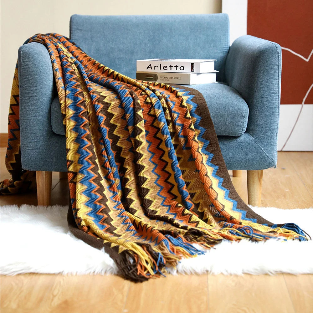 Throw Blanket Hand-Knitted Chevron Pattern Fringed Edges