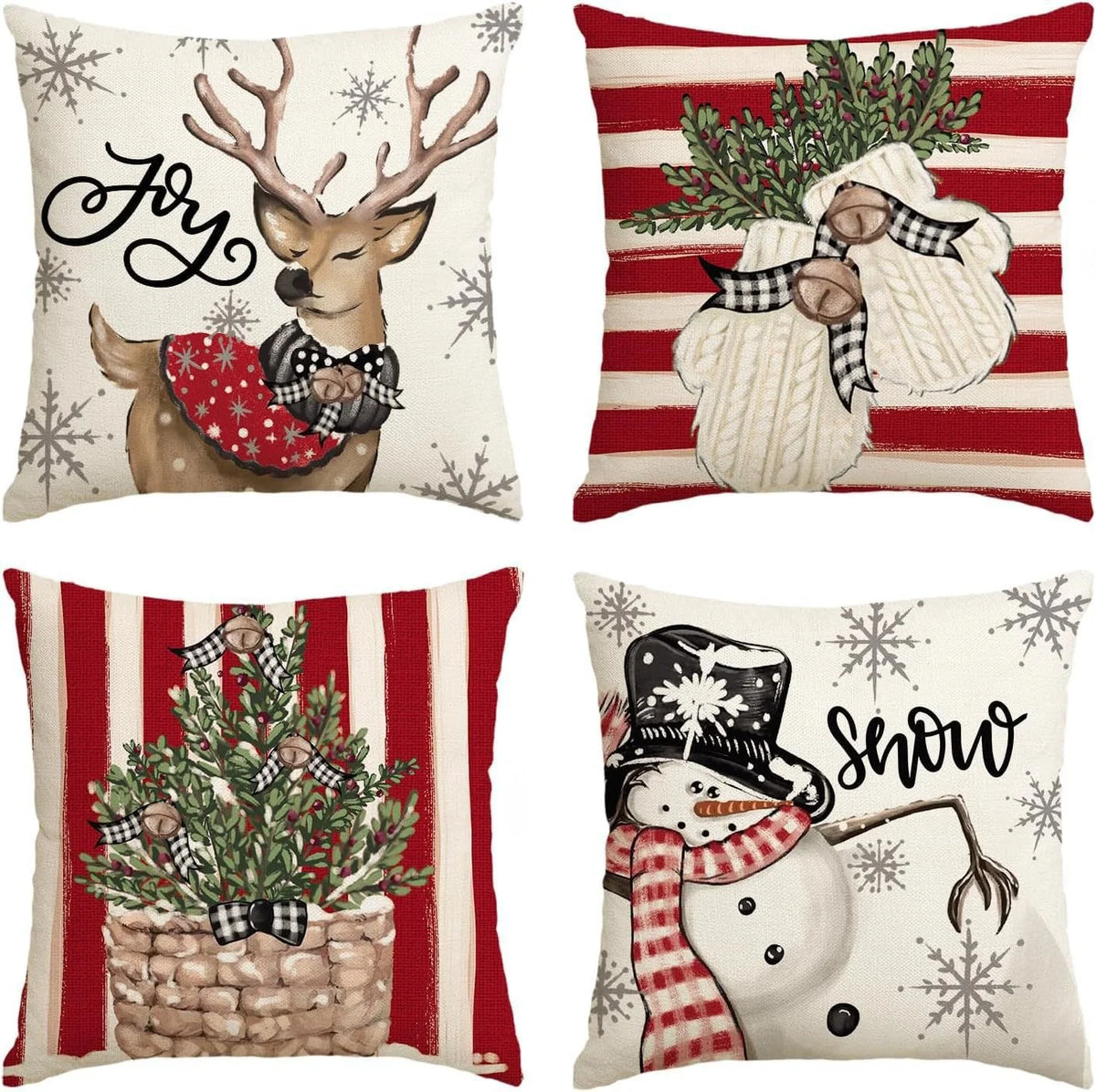 Throw Pillow Set Four Festive Designs Machine-Washable Covers