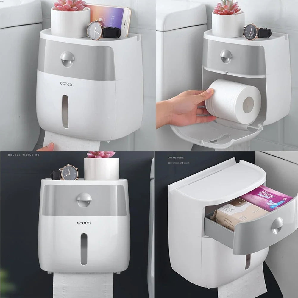 Toilet Paper Holder Waterproof Wall-Mounted With Towel Storage