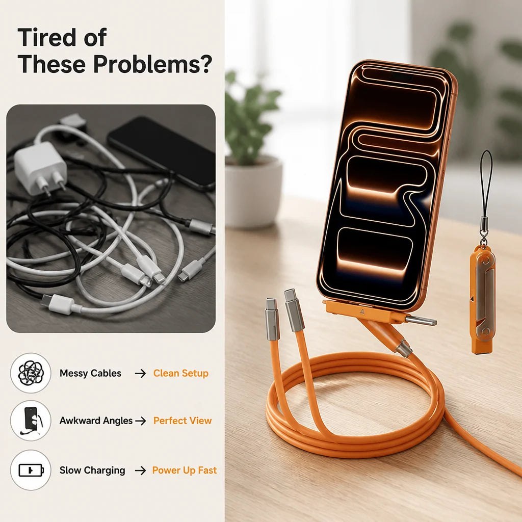USB-C Charging Cable 240W Fast Charging Detachable 360° Phone Stand Braided Tangle-Resistant Cable