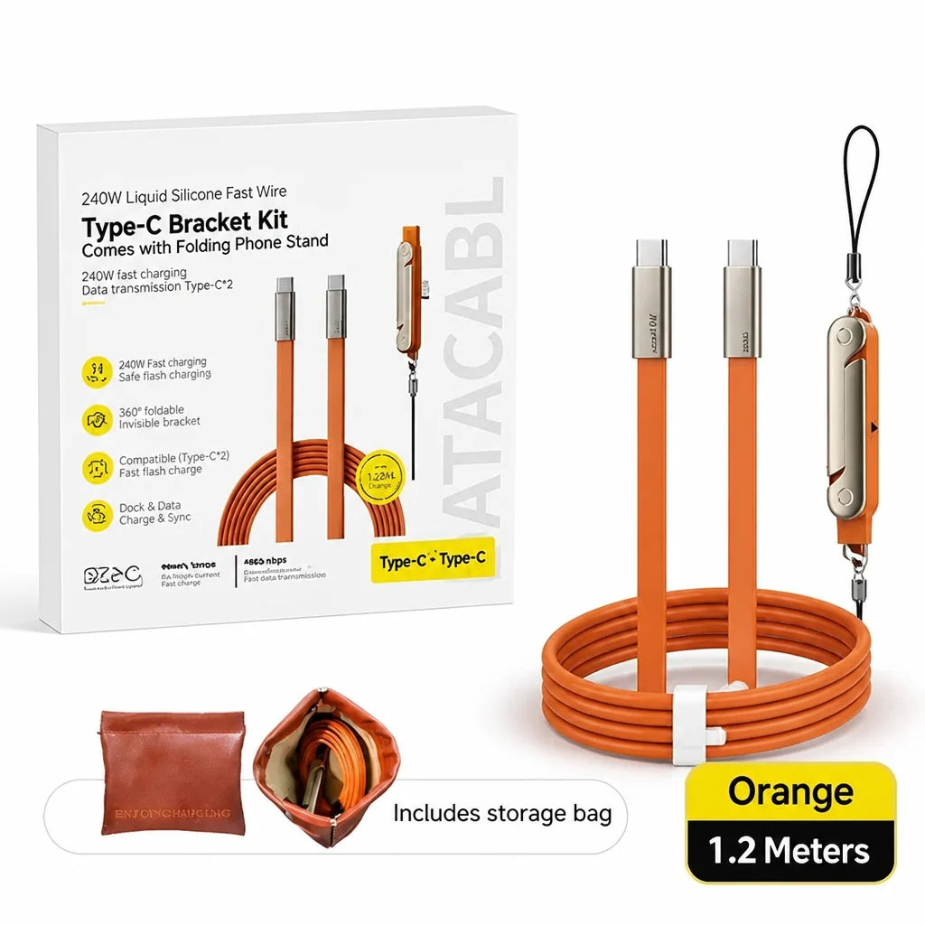 USB-C Charging Cable 240W Fast Charging Detachable 360° Phone Stand Braided Tangle-Resistant Cable