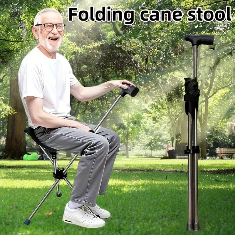 Walking Cane With Seat Foldable Stainless Steel Tripod