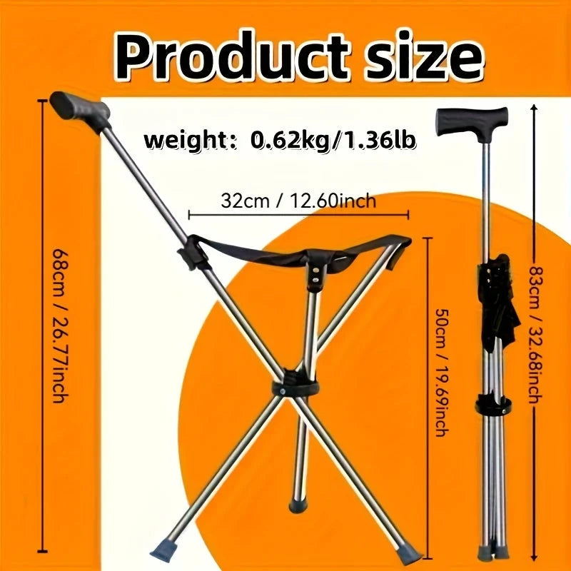 Walking Cane With Seat Foldable Stainless Steel Tripod