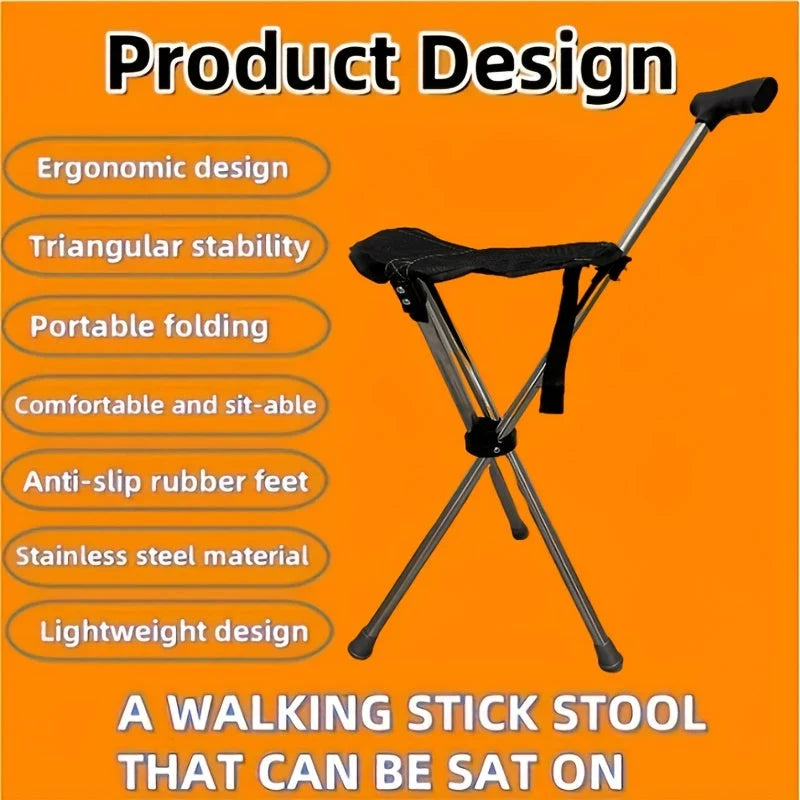 Walking Cane With Seat Foldable Stainless Steel Tripod