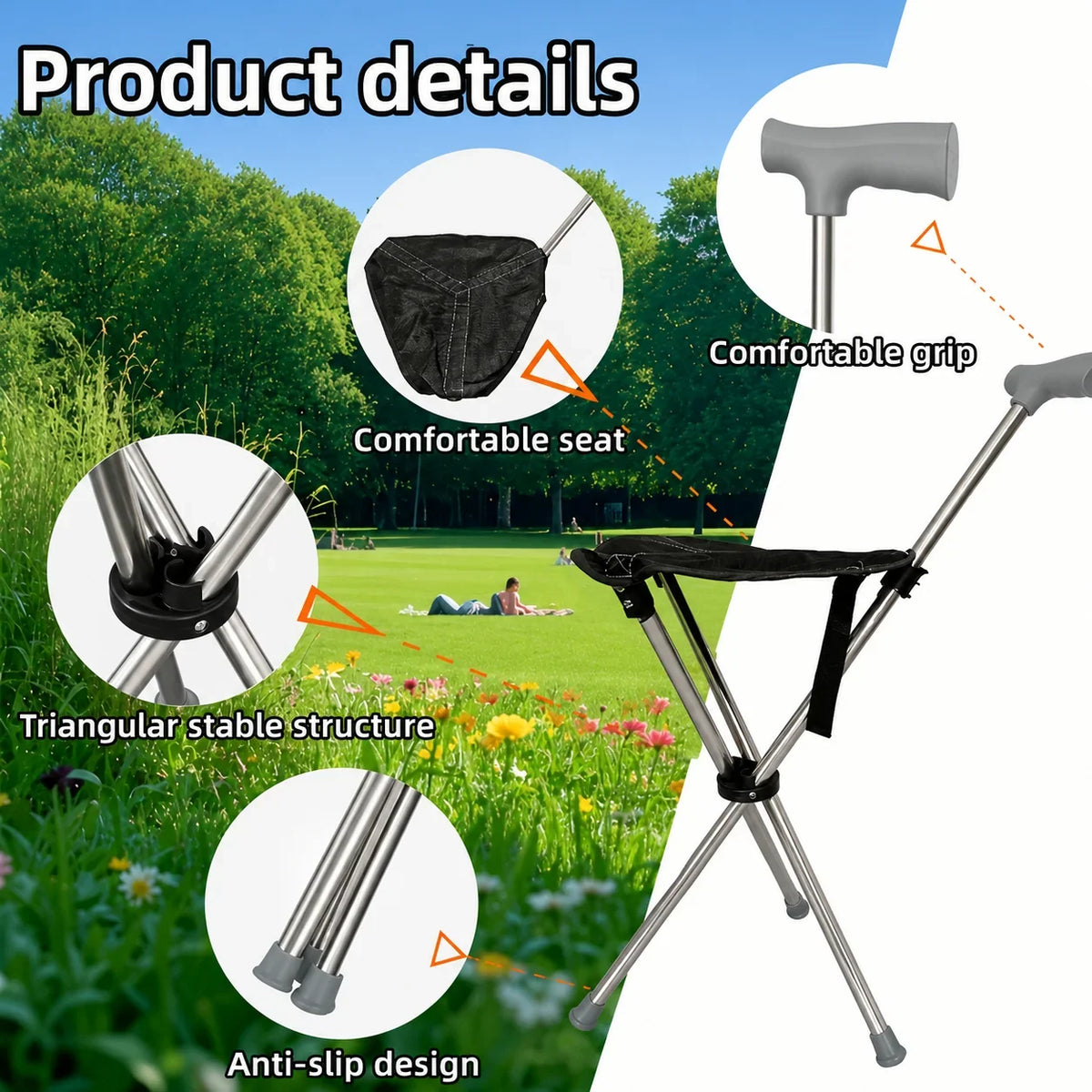 Walking Cane With Seat Foldable Stainless Steel Tripod