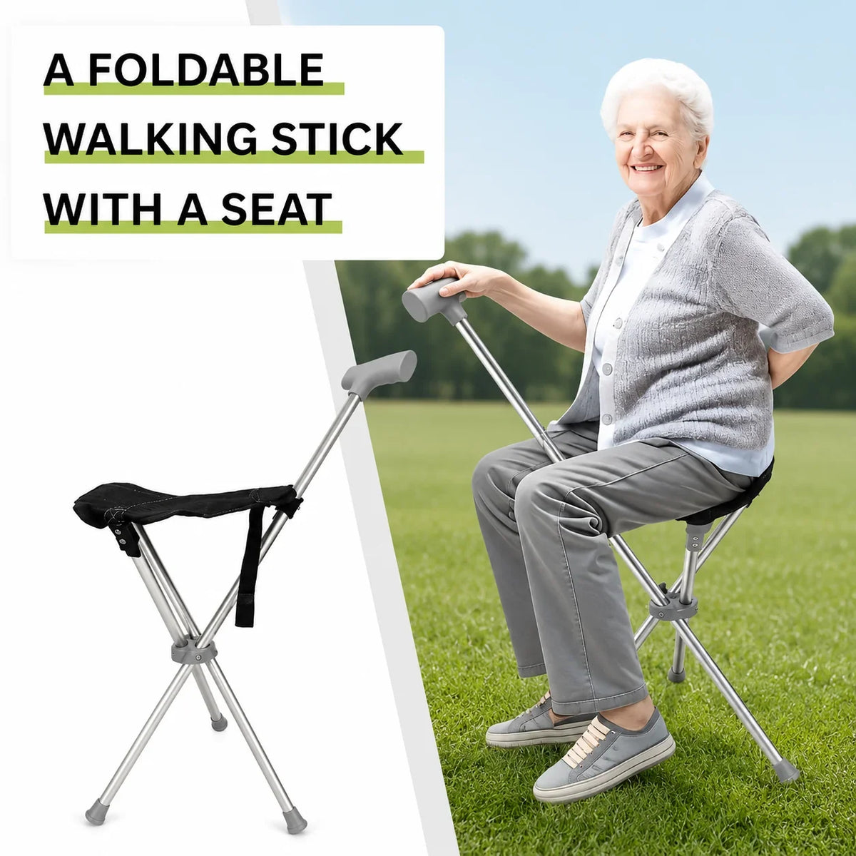 Walking Cane With Seat Foldable Stainless Steel Tripod