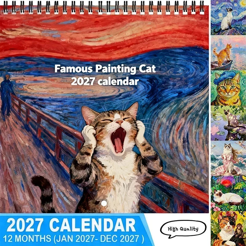 Wall Calendar 2027 Painting-Inspired Cat Illustrations Notes Section