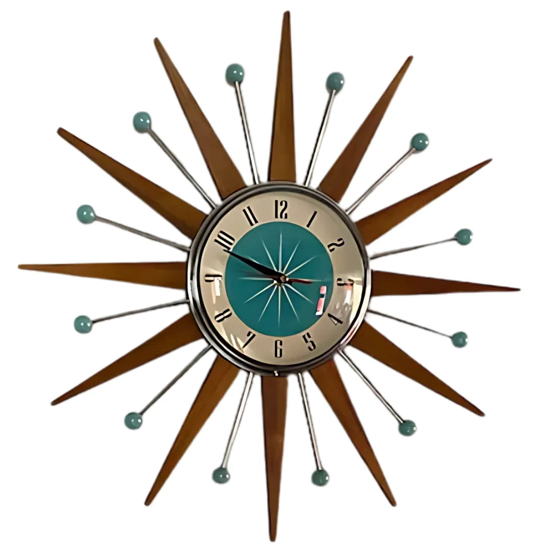 Wall Clock Mid-Century Sunburst Silent Handmade Decor