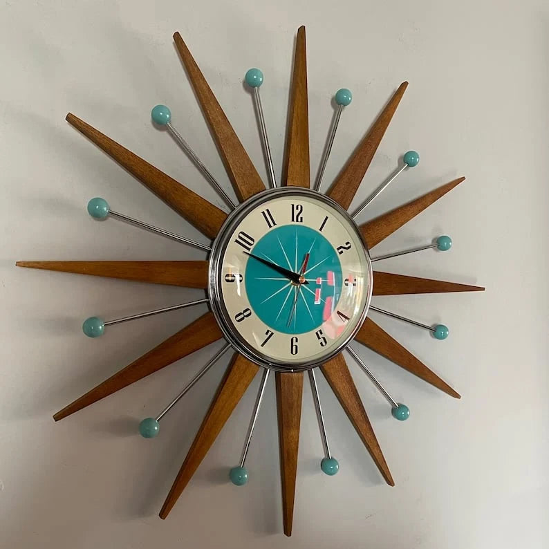 Wall Clock Mid-Century Sunburst Silent Handmade Decor