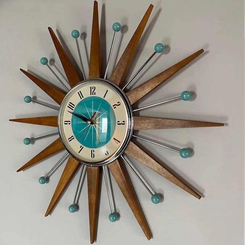 Wall Clock Mid-Century Sunburst Silent Handmade Decor
