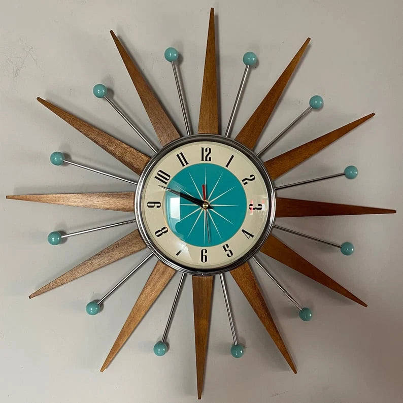 Wall Clock Mid-Century Sunburst Silent Handmade Decor