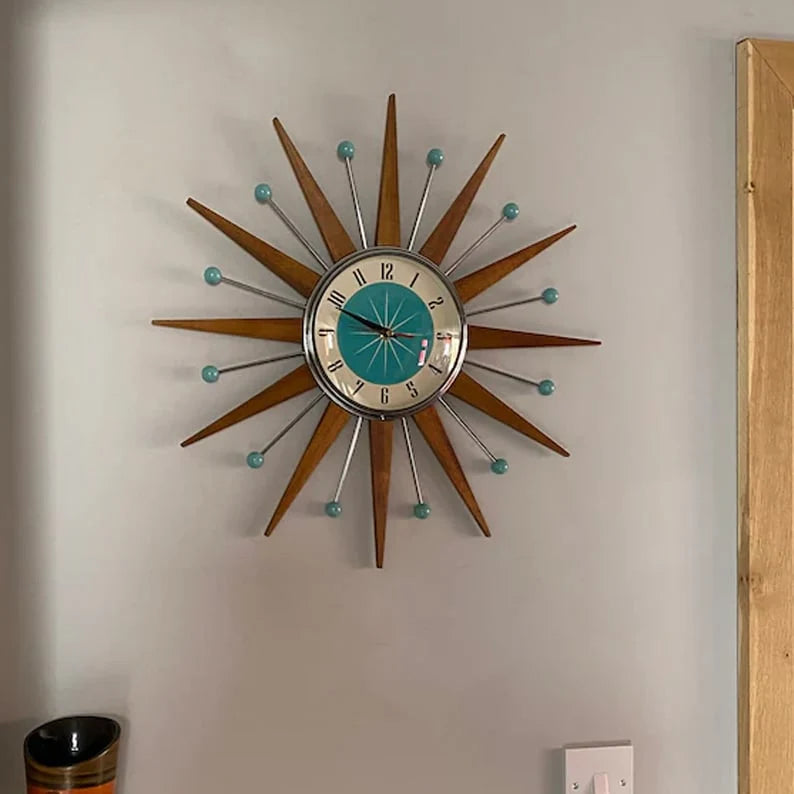 Wall Clock Mid-Century Sunburst Silent Handmade Decor