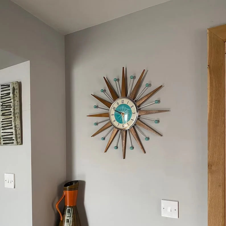 Wall Clock Mid-Century Sunburst Silent Handmade Decor