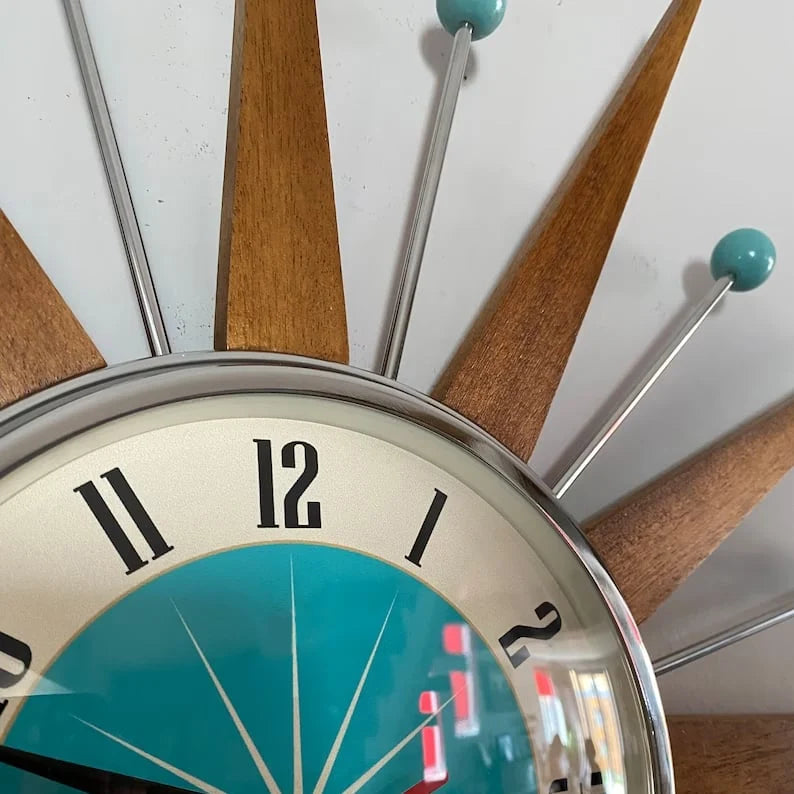 Wall Clock Mid-Century Sunburst Silent Handmade Decor