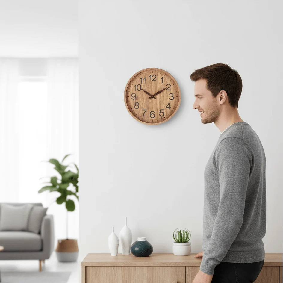 Wall Clock Silent Movement Natural Wood Finish 11.8-Inch Diameter