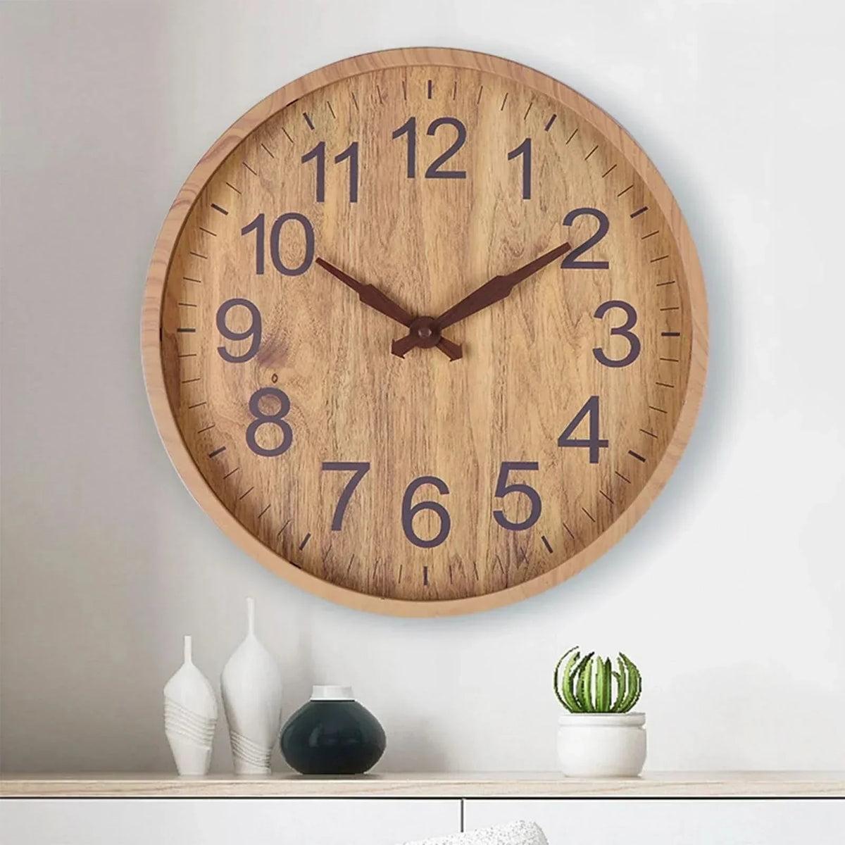 Wall Clock Silent Movement Natural Wood Finish 11.8-Inch Diameter