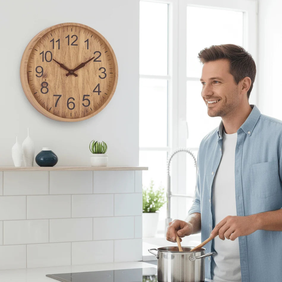 Wall Clock Silent Movement Natural Wood Finish 11.8-Inch Diameter